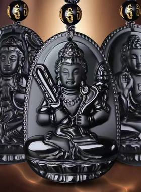 黑曜石本命佛黑曜石吊坠女生肖守护神大势至菩萨朱砂挂件男士项链