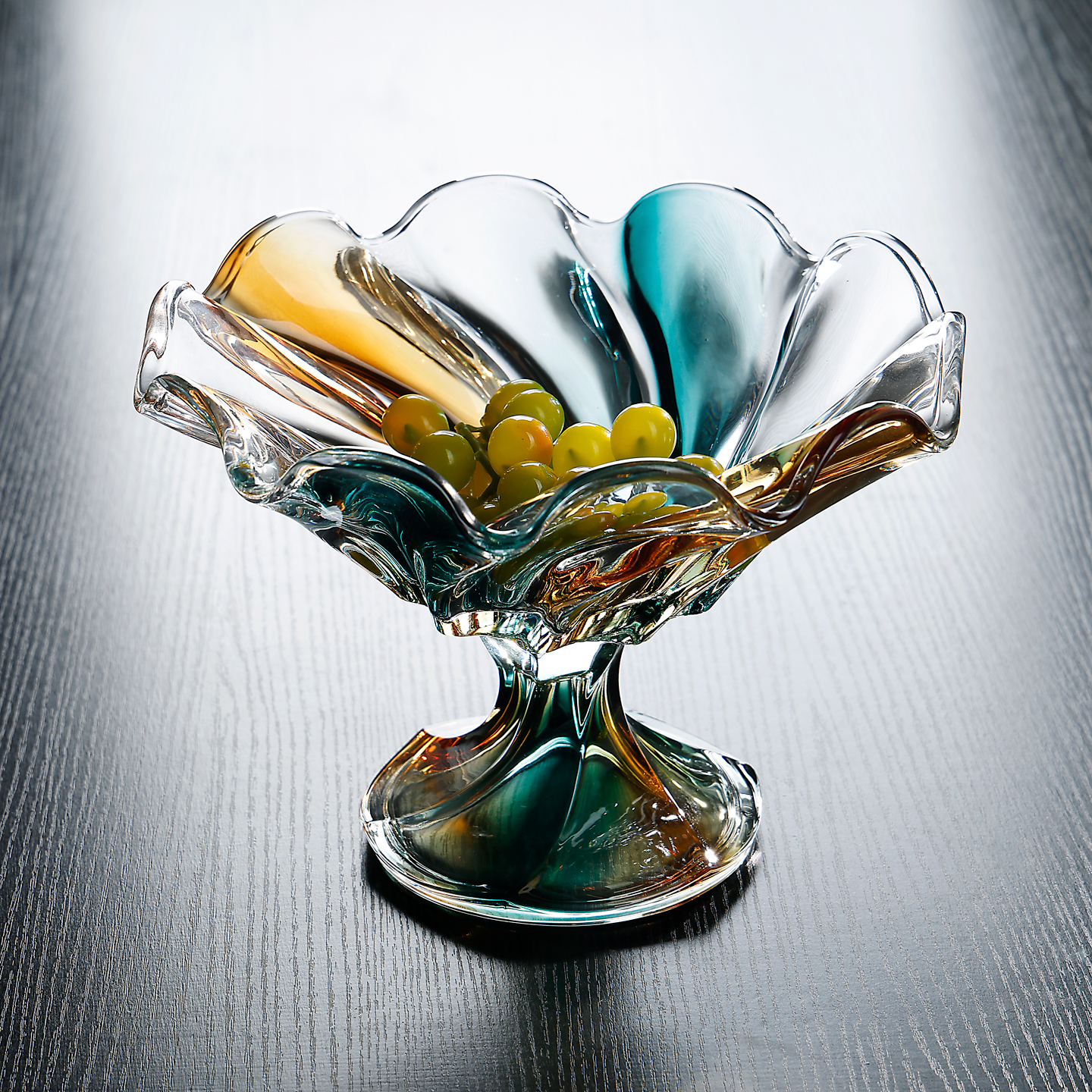 创意波浪花边高脚水果盘翡翠金玻璃大果斗轻奢家用餐桌糖果干果盘