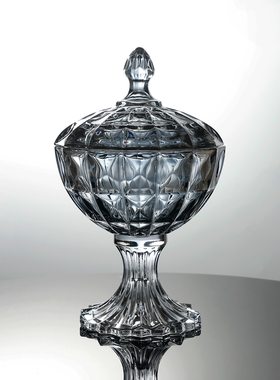 轻奢灰色水晶玻璃糖果罐精致高脚家用客厅带盖糖缸零食干果储物罐