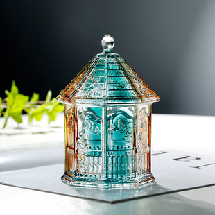 创意翡翠金玻璃八角亭子糖果罐桌面棉签收纳盒带盖零食储物罐摆件