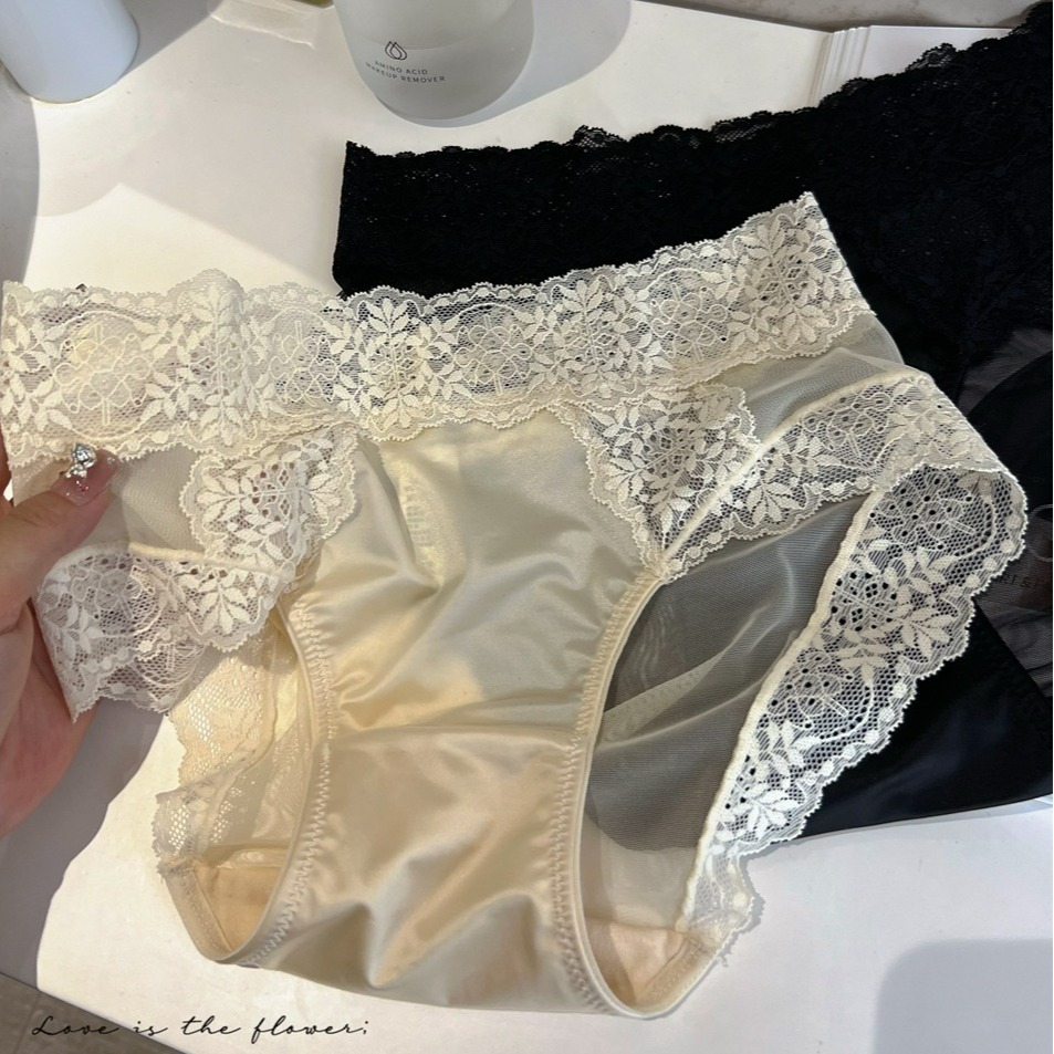 法式缎面高级~中腰奶油蕾丝内裤女士性感纯欲棉档少女纯色三角裤