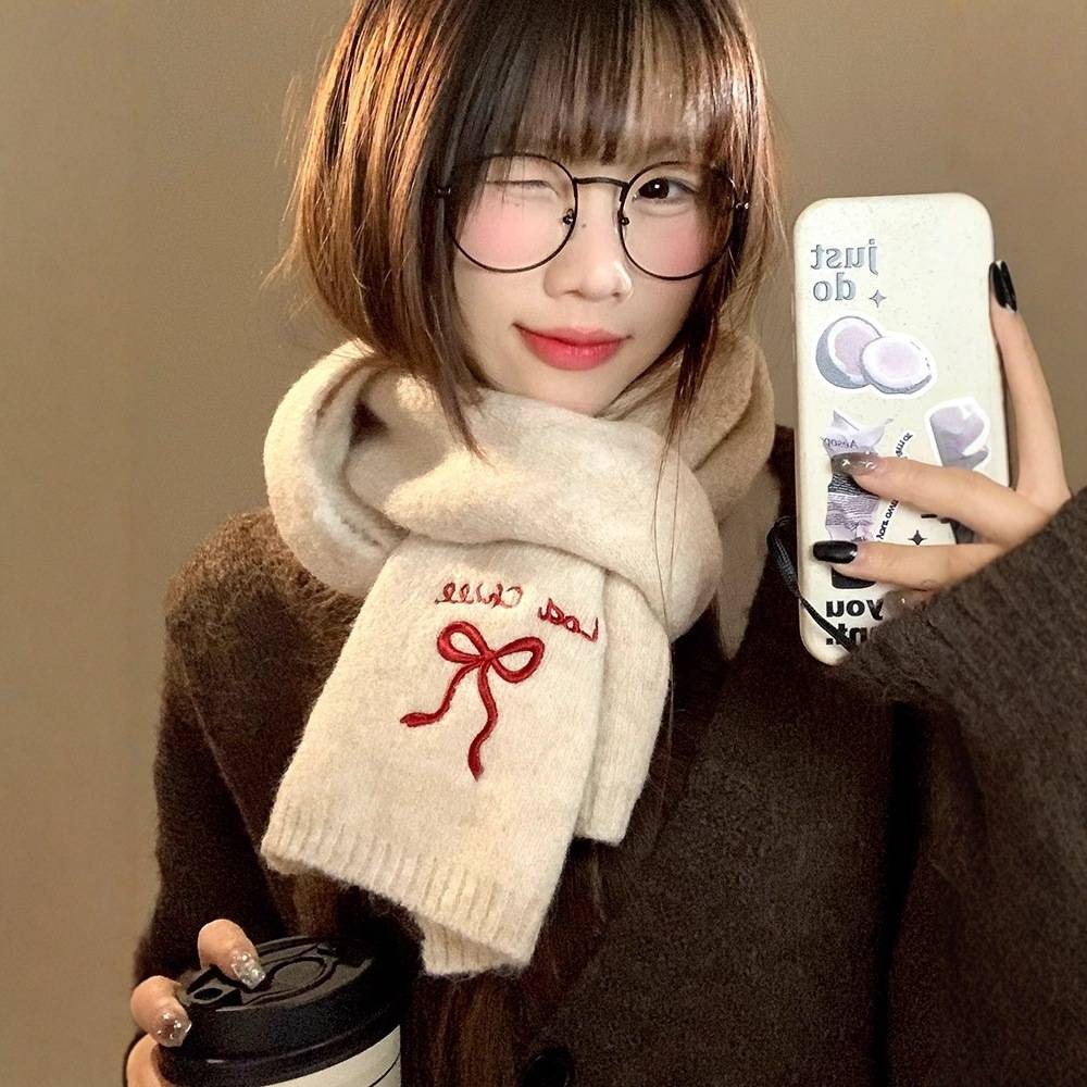 围巾女2024新款秋冬季日系可爱复古英文蝴蝶结保暖毛线针织围脖潮