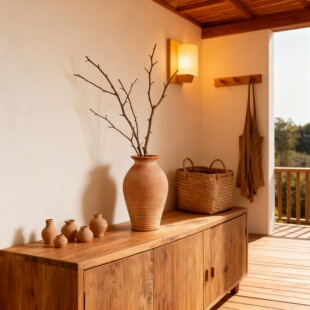 复古风陶瓷花瓶木质收纳柜家居装饰摆件小众设计感客厅卧室