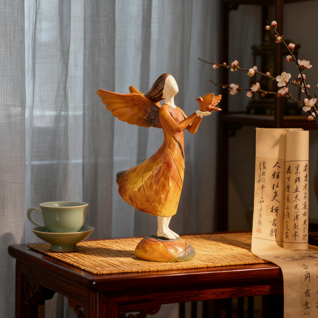 欧式复古手工雕刻天使木质摆件