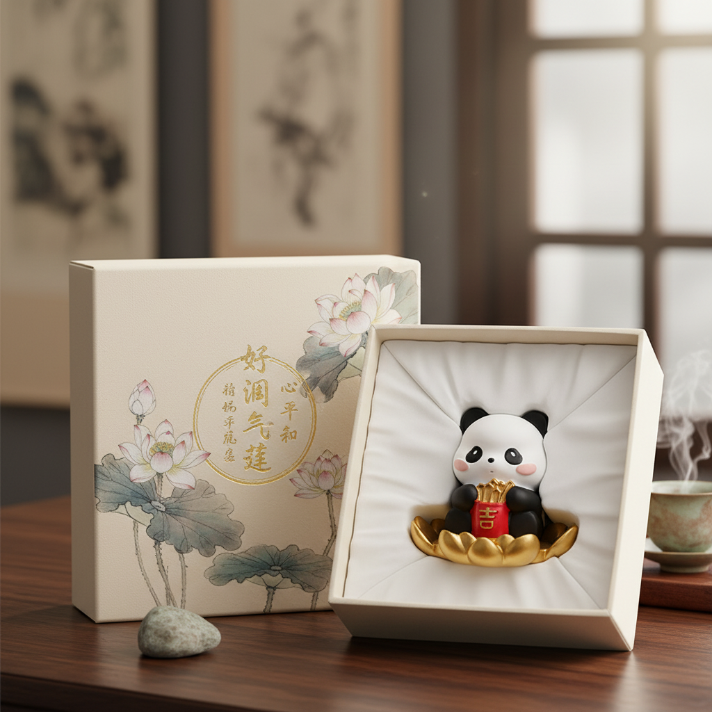 国学熊猫摆件荷花礼盒装吉祥如意文化创意礼品