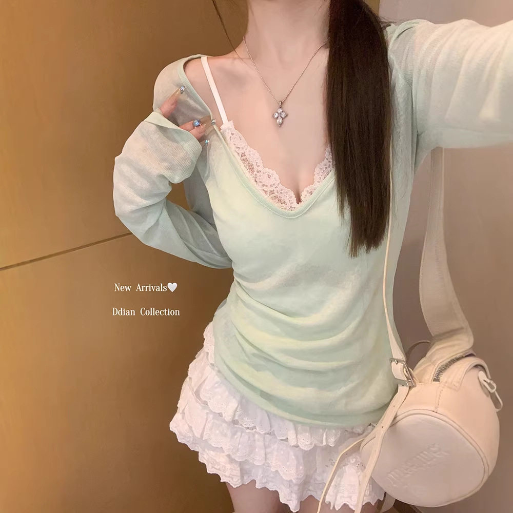 薄荷绿色v领薄款罩衫T恤女夏季时尚防晒服