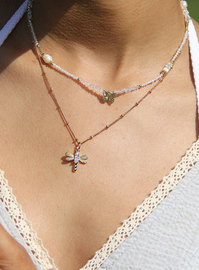 JFB法国进口蜻蜓18K厚包金耳钉吊坠项链法式田园少女精致通勤首饰