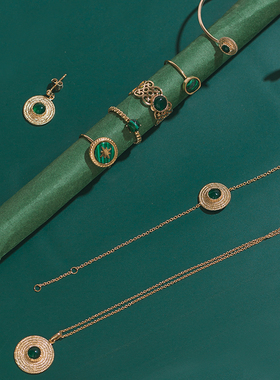 JFB法国进口绿萝盘18K包金戒指耳环手链法式复古度假风手工珠宝女