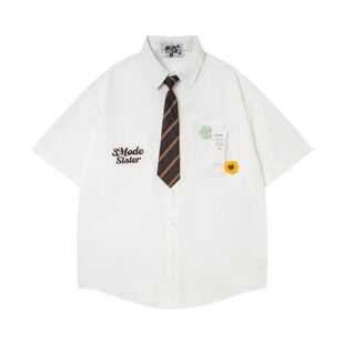 美式百搭小众别针花朵领带短袖衬衫特大码300斤男女港风宽松上衣