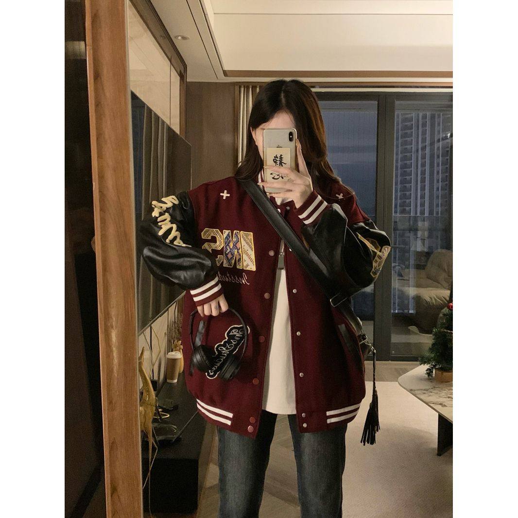 特大码300斤情侣美式编织贴布刺绣棒球服男秋季新款夹克外套女潮2