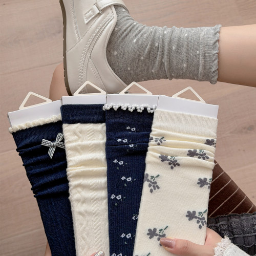 蝴蝶结碎花秋冬女士无骨堆堆袜韩版藏青系列甜美中筒精梳棉袜子女