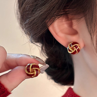 s925纯银红色珐琅同心结耳钉女2024年新款小众设计感耳环复古耳饰