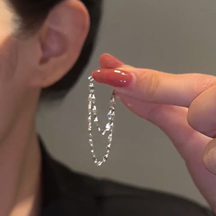 925银针耳饰前后戴双层链条流苏耳钉精致大脸显瘦耳环女2023新款