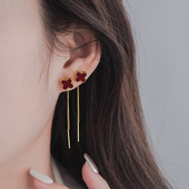 s925纯银红色四叶草流苏耳线女2024年新款 过年耳环耳钉高级感耳饰