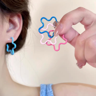 925纯银多巴胺彩色镂空花朵耳环女海边度假风耳钉甜美气质ins耳饰