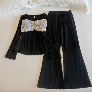 双面绒睡衣女士春秋冬季法式高级感海岛绒长袖带胸垫家居服两件套