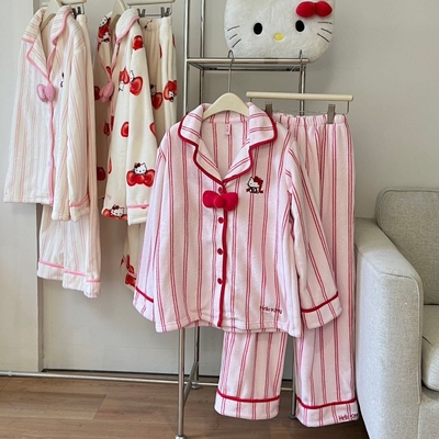 可爱HelloKitty条纹珊瑚绒睡衣