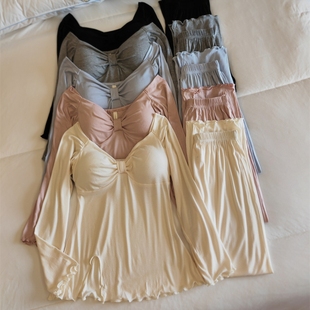 带胸垫睡衣女春秋款 连衣裙女性感纯欲风莫代尔棉家居服两件套 长袖