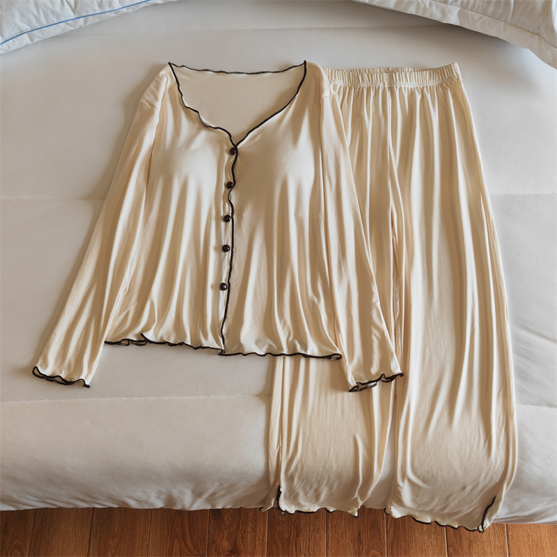 莫代尔睡衣女春秋冬带胸垫家居服