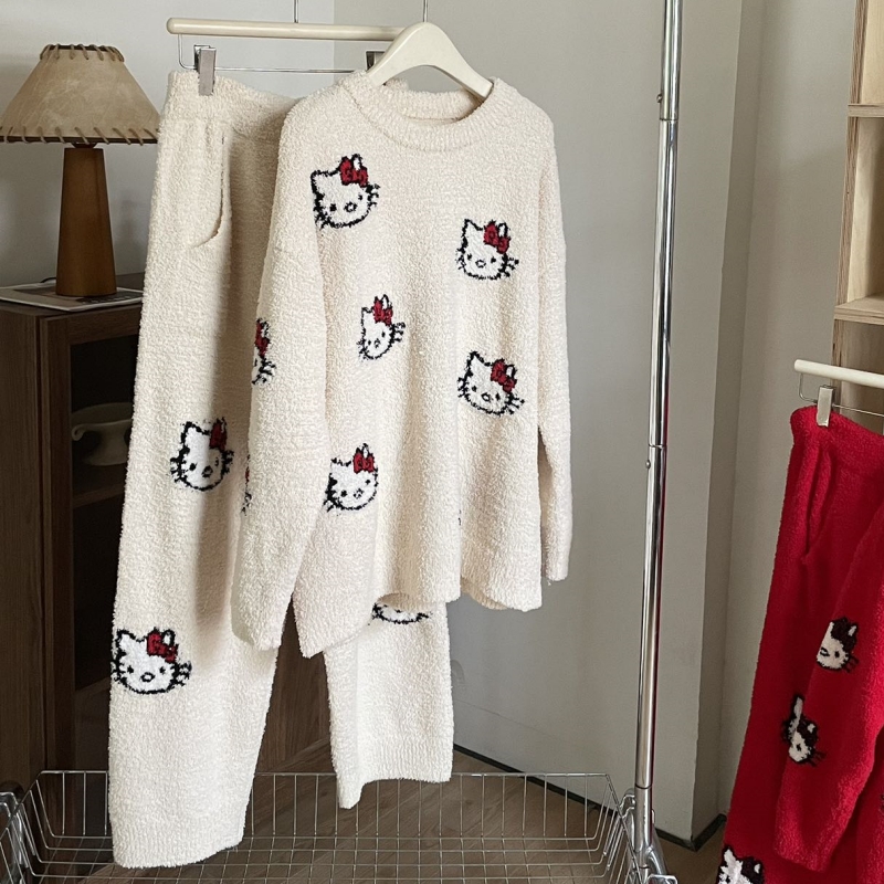 半边绒睡衣女秋冬卡通KT猫家居服