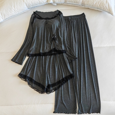 莫代尔睡衣女四季款带胸垫家居服