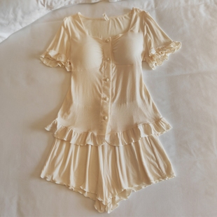 法式 莫代尔睡衣女夏季 两件套薄款 短袖 性感纯欲风带胸垫家居服 短裤
