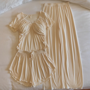 甜美纯欲风带胸垫家居服可外穿 莫代尔睡衣女夏季 短袖 花边套装 薄款