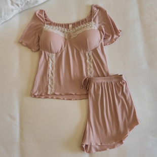 短袖 莫代尔睡衣女夏季 两件套显瘦甜美公主风纯欲性感带胸垫家居服