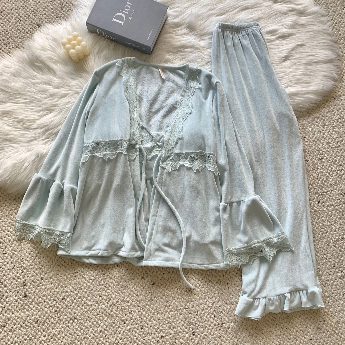 法式高级感海岛绒睡衣三件套