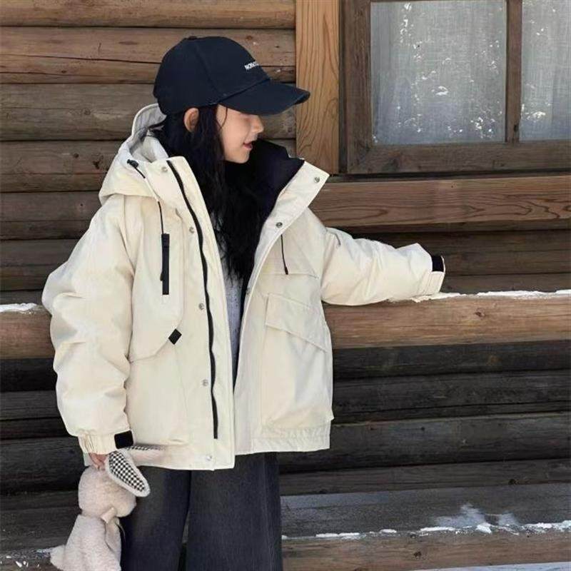 新款白色儿童羽绒服棉服2025冬季工装男女童保暖连帽冲锋衣外套服