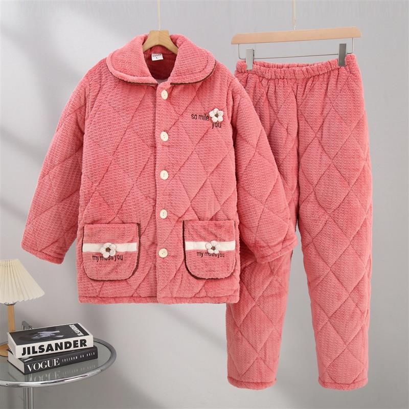 保暖女士三层夹棉加厚家居服套装中老年法兰绒冬季睡衣妈妈款加