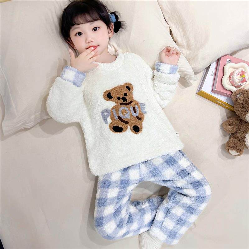 半边法兰绒绣睡衣女宝宝韩版秋冬新女童毛巾绒加厚家居服套装儿