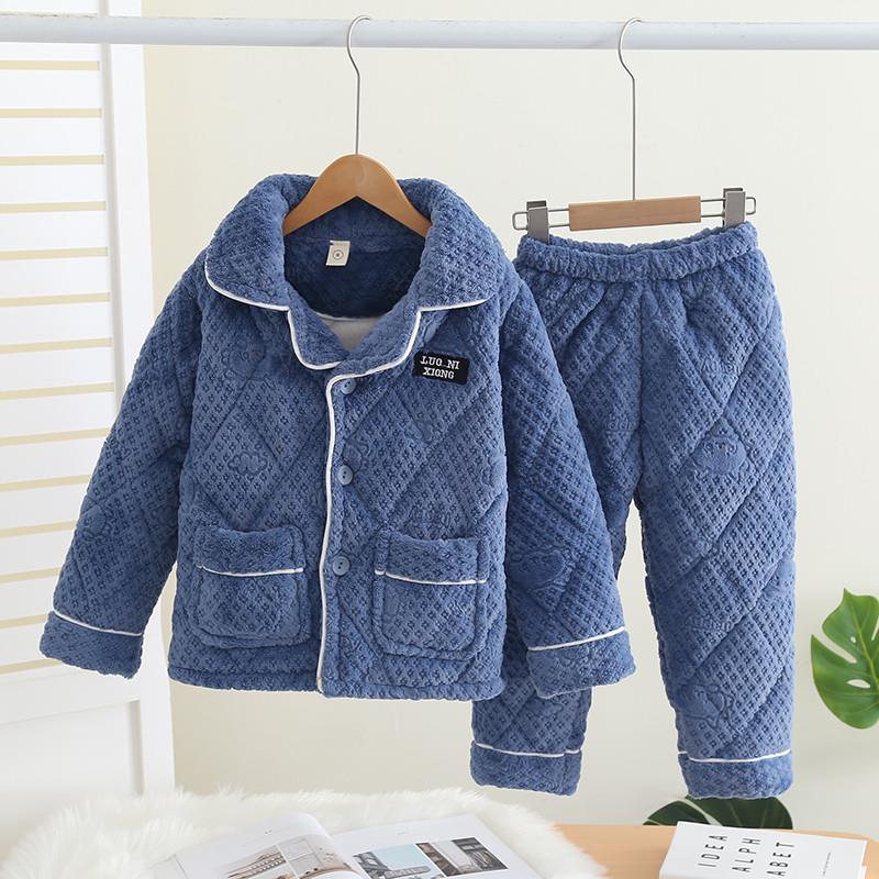 经典睡衣男童冬季新款翻领法兰绒三层夹棉加厚女孩珊瑚绒家居