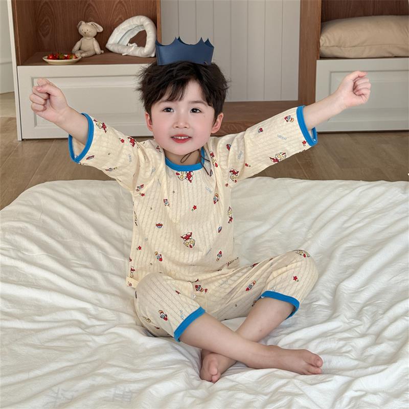 儿童家用纯棉服装夏季轻薄男女纯棉睡衣九分袖套装婴儿透气空调