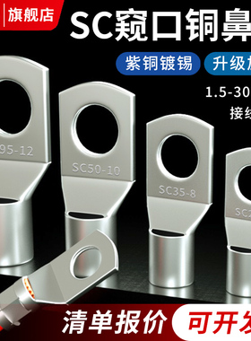 SC窥口铜线鼻子紫铜镀锡线耳冷压接线端子6/10/35/70/95/120平方