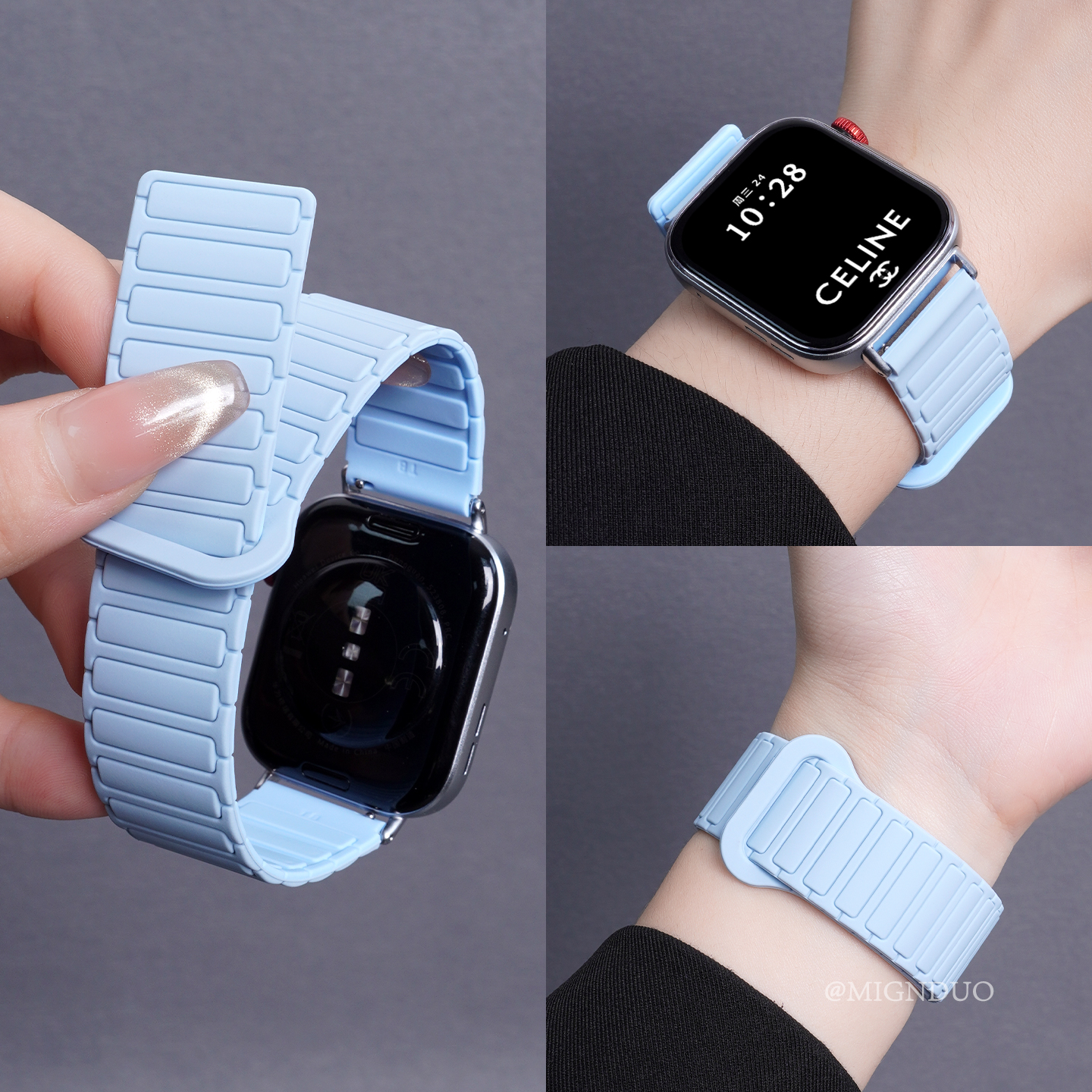 鸣铎薄雾蓝双色磁吸硅胶适用华为fit3手表表带watchfit4pro女生小香风fit2腕带智能运动回环夏季高级感替换带