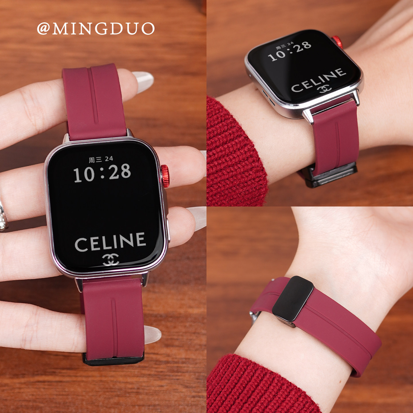 新款酒红适用华为honor荣耀手表5表带4磁吸硅胶x5亲选ROSSINI2i女款fit腕带gs5/4/3i智能5pro运动Ultra高级2e