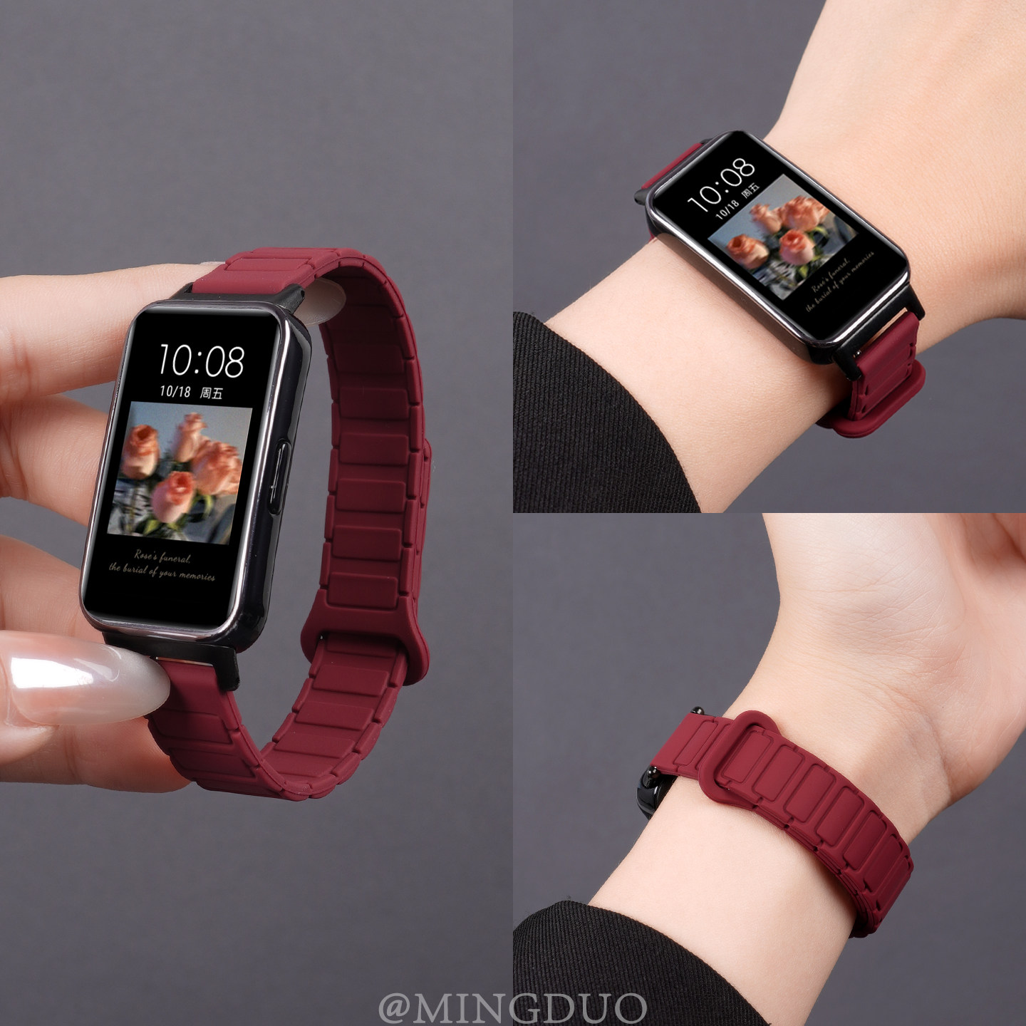 鸣铎新款酒红色适用华为手环10表带9手表8荣耀10运动磁吸硅胶腕表带女款watch九十代表链女智能秋冬nfc男配件