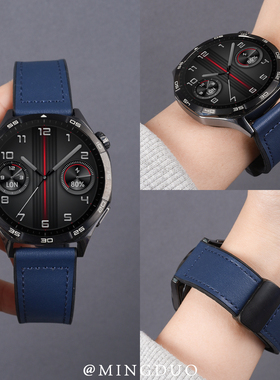 新款深蓝色适用华为GT5表带gt6pro手表gt4疯马纹真皮watchgt5秋冬磁吸gt3男watch5/4/3pro智能运动女buds腕带