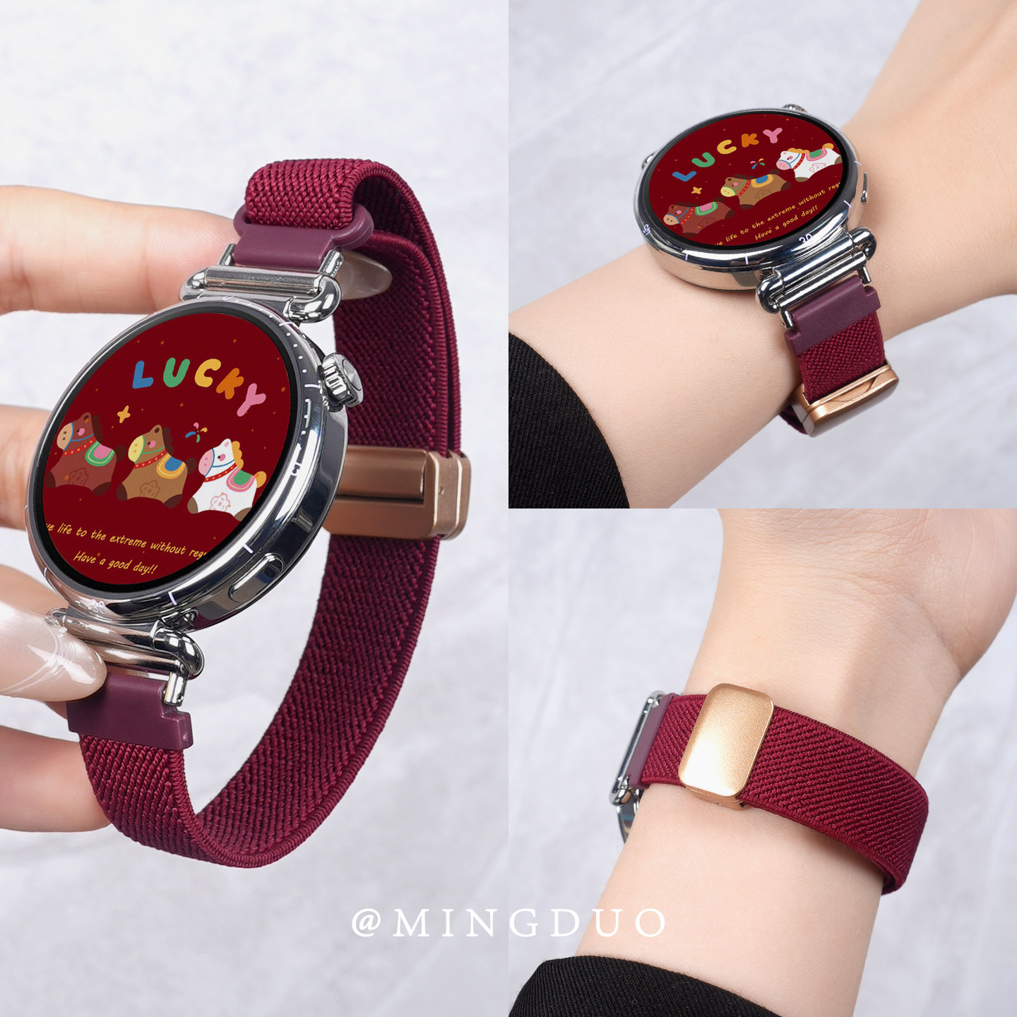 鸣铎适用华为GT6手表gt5表带watch5平纹尼龙GT5pro编织watch4酒红色女款41回环gt3磁吸gt6pro智能新款2男腕带