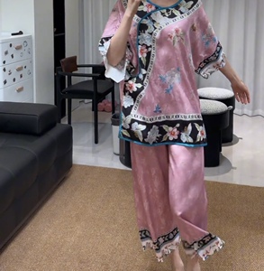宫廷国风中式七分袖冰丝睡衣女夏季古风套装家居服