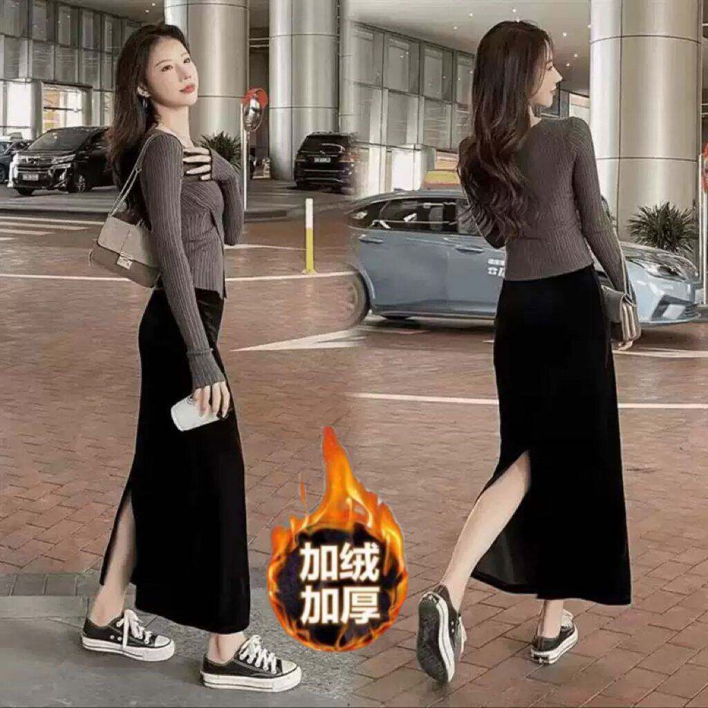 加绒加厚半身裙女秋冬季高腰中长款显瘦一步裙金丝绒包臀直筒裙子