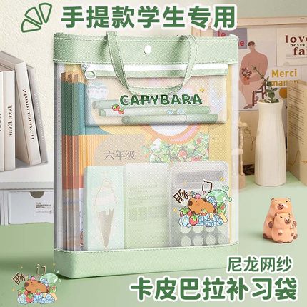 A4卡皮巴拉手提学生补习袋儿童课外补习班拎书袋拉链加厚网纱袋结实耐用书本作业资料文具大容量收纳袋文件袋