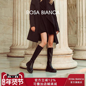 Rosa Bianca厚底长筒靴女2025秋冬新款 黑色真皮高筒靴复古骑士靴