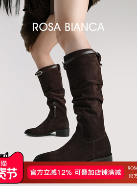 [苏苏同款]Rosa直筒堆堆长筒靴女2025冬新款皮复古棕色高筒骑士靴