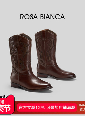 Rosa Bianca刺绣真皮骑士长筒靴2025秋冬新款大筒围显瘦中筒靴