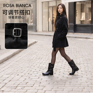 Rosa Bianca黑色复古短鞋女款2026秋冬新款粗跟增高百搭显瘦短靴