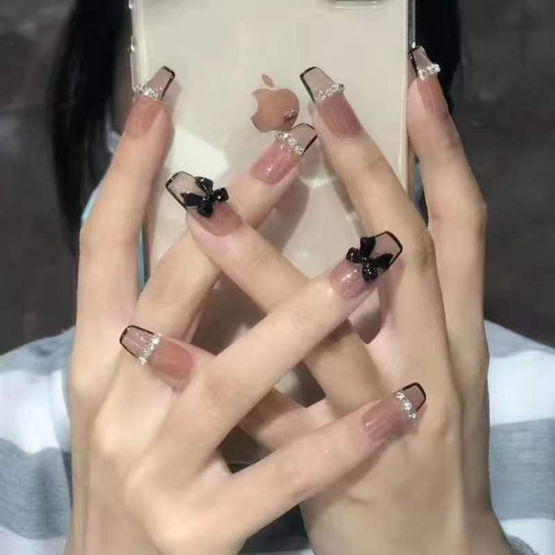 法式黑边链条立体蝴蝶结穿戴美甲可拆卸长款穿戴式假指甲成品甲片