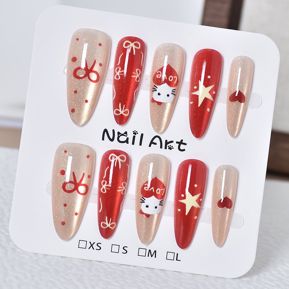 长款可爱猫咪蝴蝶结儿童穿戴甲2025新款红色秋冬甲片美甲贴片显白