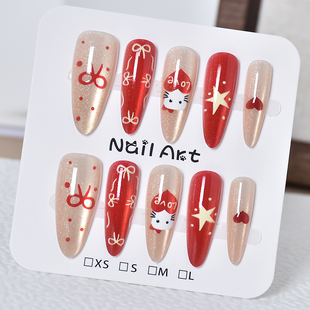 长款可爱猫咪蝴蝶结儿童穿戴甲2025新款红色秋冬甲片美甲贴片显白